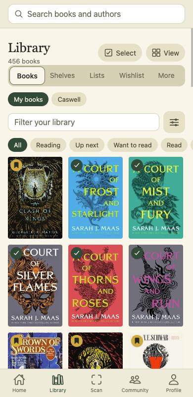 Your library as a grid of covers, with a status on each