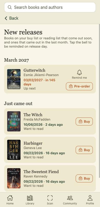The new releases calendar with reminders and Buy buttons